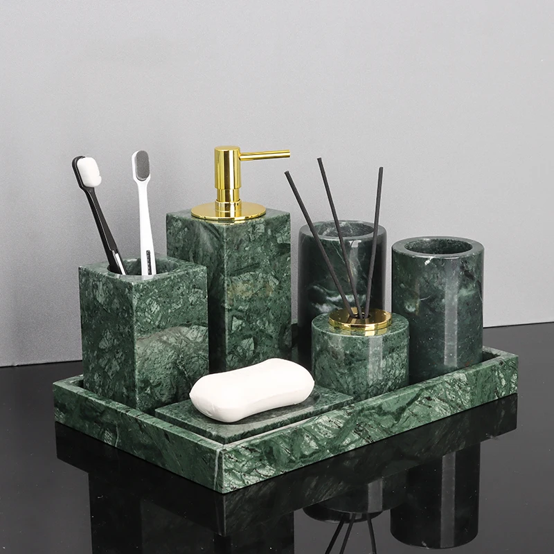 Soap dispenser tongue scraper toilet paper box Indian Green Natural Marble Bathroom Accessories Retro Soap Dispenser Soap Dish Toothbrush Holder Tissue Box Bathroom Set