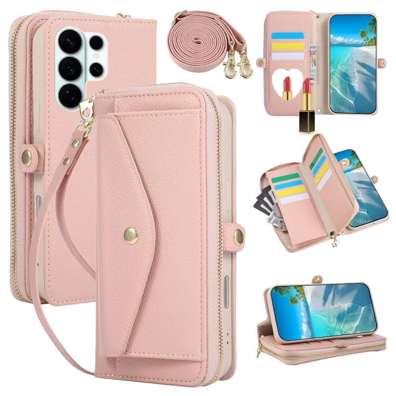 Elegant Crossbody Leather Wallet Phone Case with Zipper Card Holder and Mirror Cover