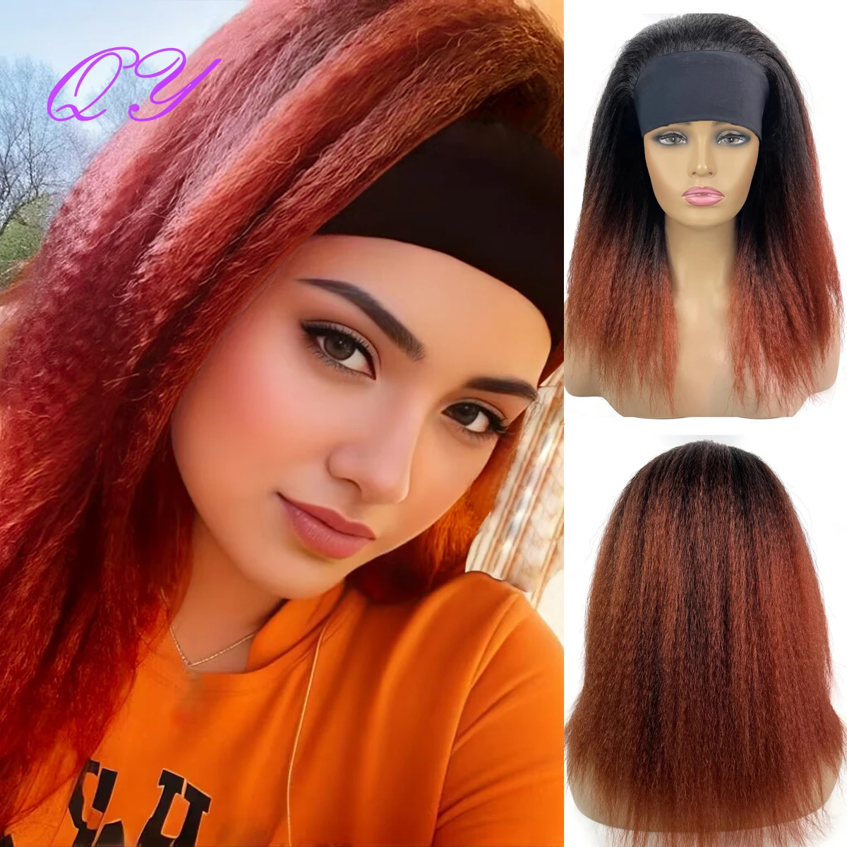 Synthetic Wigs for Women Headband Yaki Straight Black Ombre Orange Medium Length Free Part Hairstyle African Party Or Hair Wigs