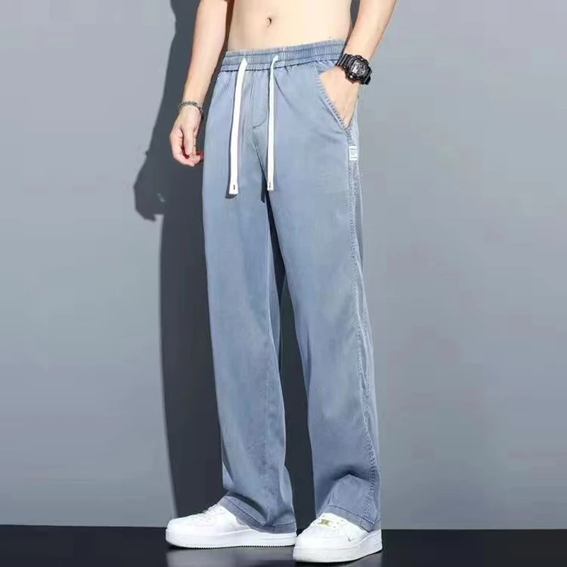 2023 Spring Summer New Solid Color Wide Leg Trousers Man Elastic Waist Pockets Fashion Casual Ice Silk Fabric Cowboy Trousers