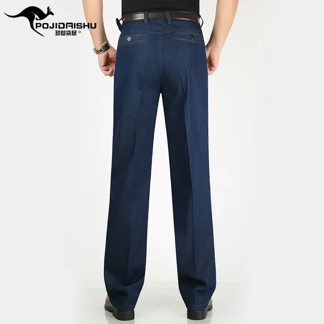 2023 Autumn Double Pleated Men's Thin Jeans Middle-Aged Business Leisure Middle-Aged and Elderly Stretchy Straight-Leg Pants - Image 4