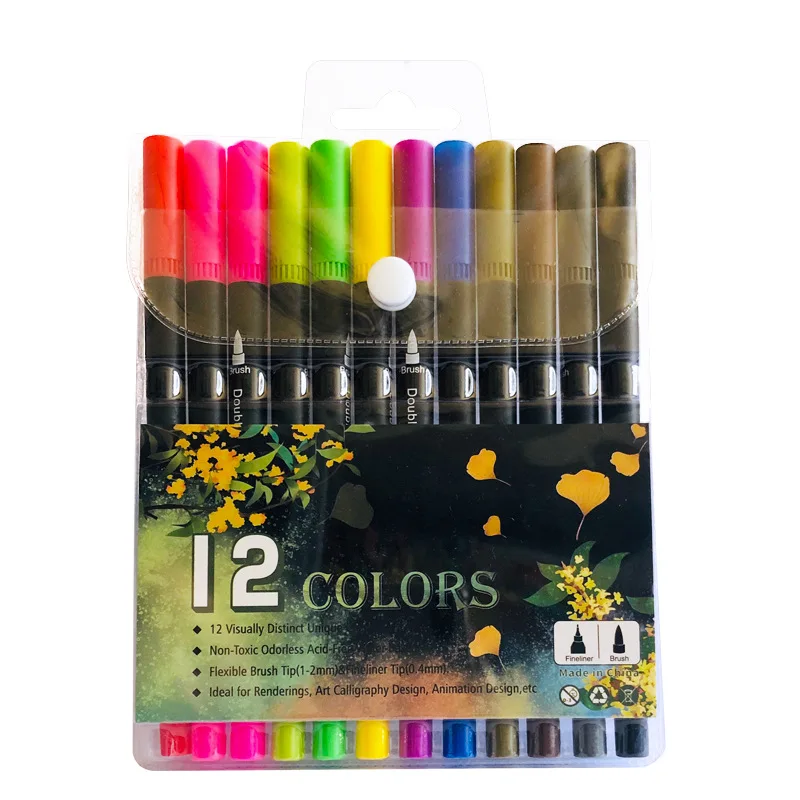 12 Colors Artist Coloring Marker Pens, Fine & Brush Dual Tip Pen Art Supplier for Manga Coloring Books Drawing Planner Scrapbook 24pcs set glitter gel pens 24 colors dual metallic ink sparkle pens 1mm liquid glitter iridescent gel pen for coloring books