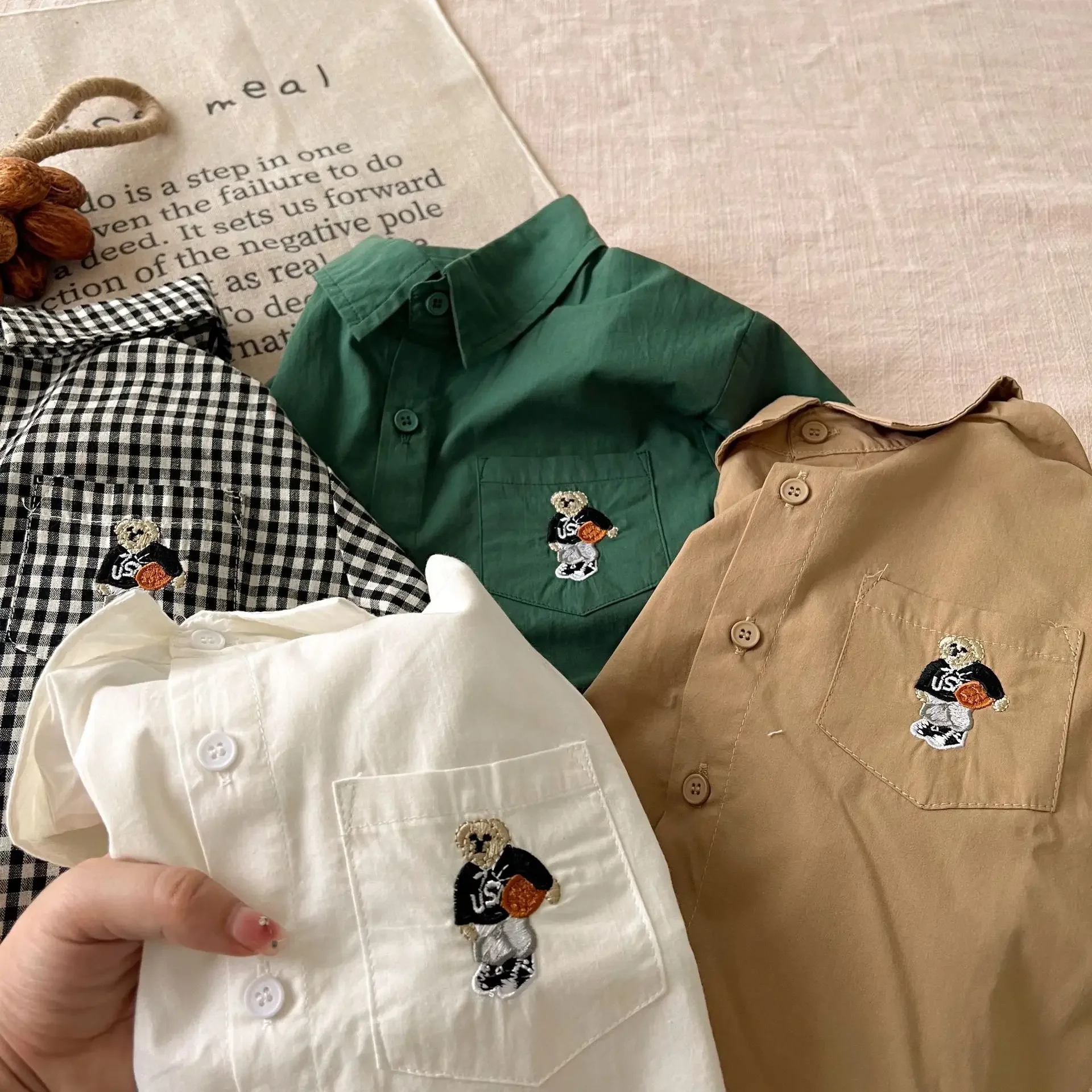 Korean Bear Shirt Baby Embroidery Grid Top Toddler Children's Clothes Autumn Boys Girls Camisa Blouse Clothes Infantil Menina kids shirts