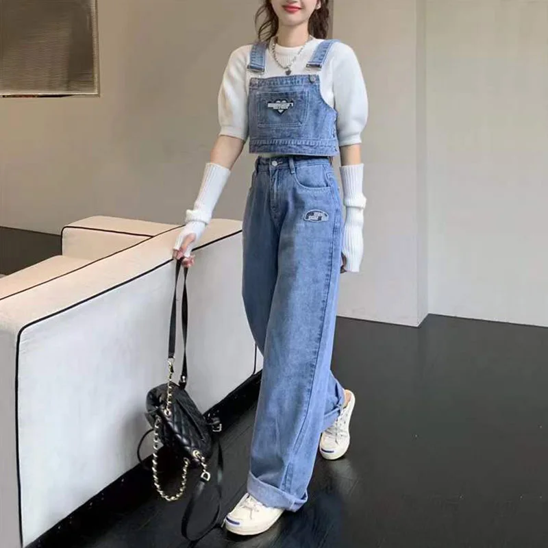 2024 New American Retro Autumn/Winter Women's Jeans Set Korean Cute Girl Travel Shopping Loose Casual Wear Split Strap Pants