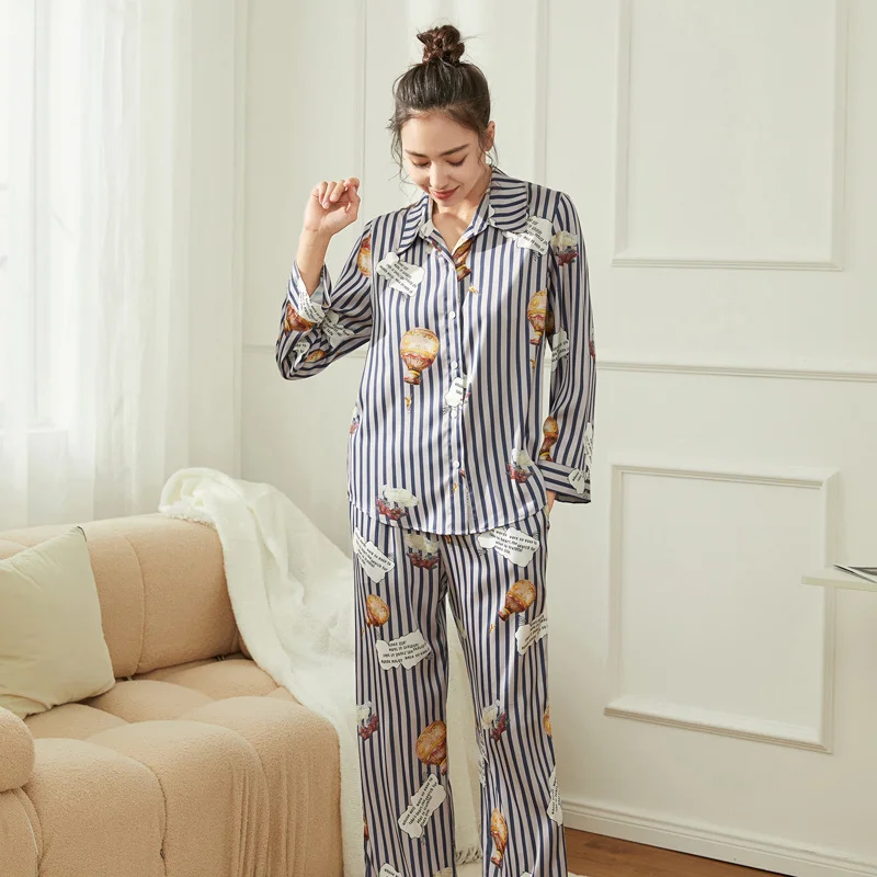 Ling 2 Pcs Sleep Lounge Striped Print Women's Pajamas Set Pajamas Long Sleeve Sleepwear Spring Summer Nightwear Pyjama for Women
