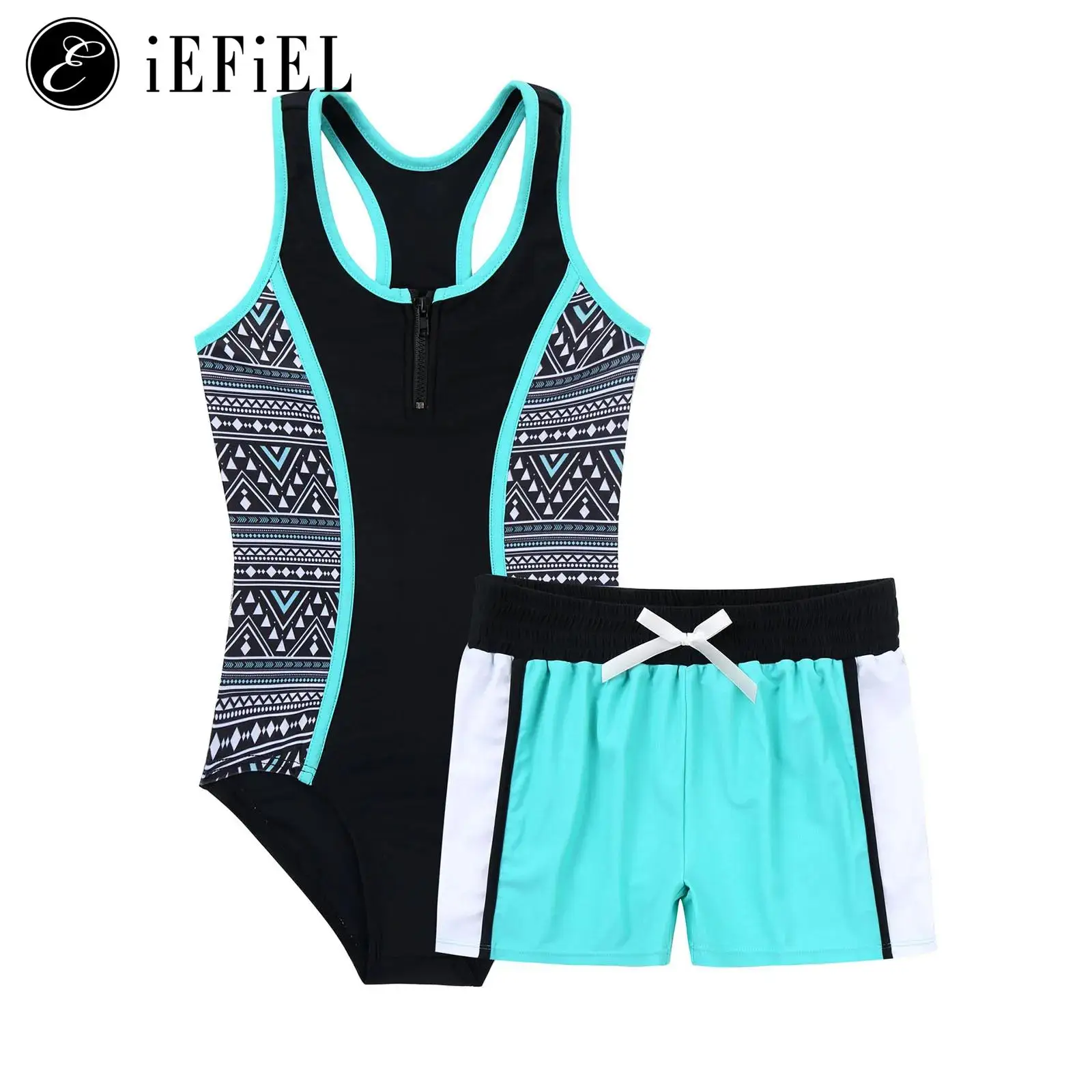 

Kids Girls Two Piece Swimsuit Bathing Suit Sleeveless Racer Back Bodysuit with Booty Short for Summer Beach Holiday Water Sport