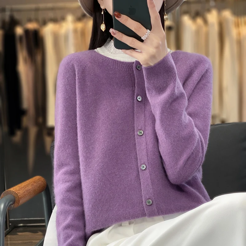 여성용 O넥 긴팔 가디건, 단색 의류, 따뜻한 코트, 100% 순모, 2023 가을 겨울 신상