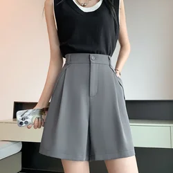 Grey Suit Shorts Women's Summer 2023 Fashion Elastic High Waist Wide Leg Pant Female Casual Pocket Knee Length Streetwear New