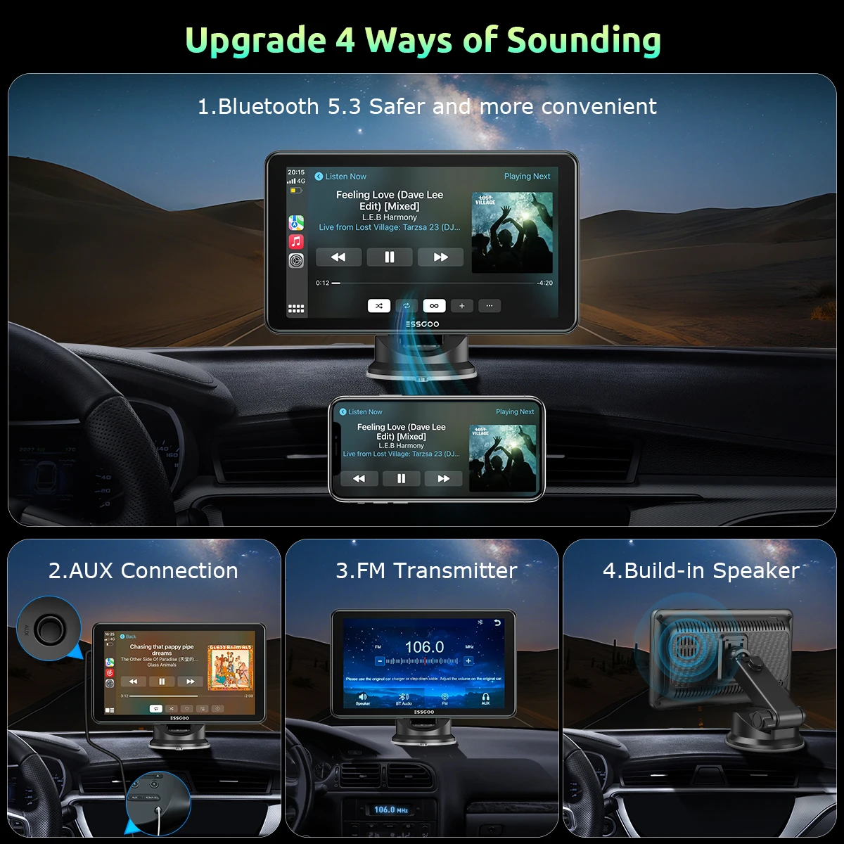 ESSGOO Radio Estéreo para Auto Universal Portátil con Pantalla Táctil 4K de 7 Pulgadas, Carplay Inalámbrico, Android Auto, BT, Mirror Link, AUX, Control por Voz, FM 4