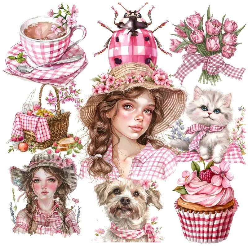 Niedliche Aquarell rosa karierte Frühling Tulpe Mädchen Picknick Aufkleber für Tagebuch Album wasserdichte durchscheinende Dekoration Scrap booking