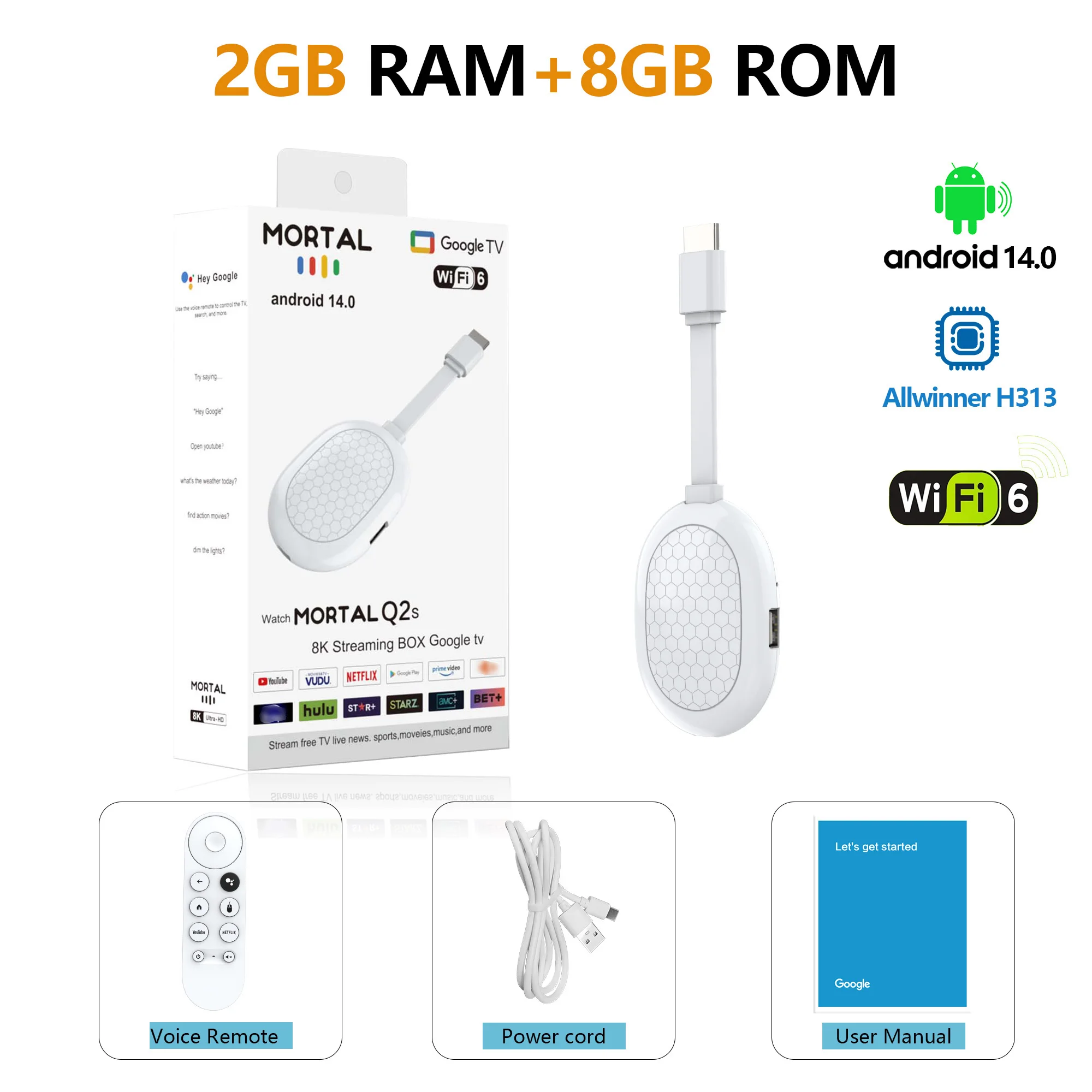 Mortal TV-Stick Android 14 WiFi 6 Google Chromecast Allwinner H313 BT5.X Sprachfernbedienung Netflix 4k HDR10 2G16G Dongle Mini-TV-Box