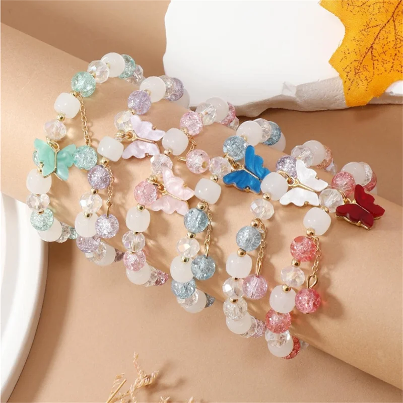 6pcs/set Colorful Popcorn Crystal Beaded Women Bracelet Daisy Flower Butterfly Pendant Valentine's Day Gifts