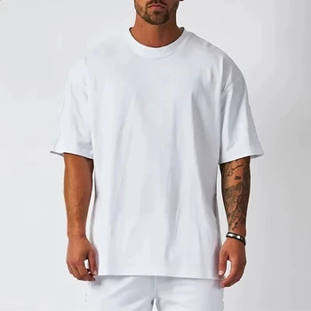 Cotton Mens Blank T-Shirt White Oversized Retro Solid Color T-Shirt Large Size Mens Womens Fashion Short Sleeve Mens T-Shirt 1