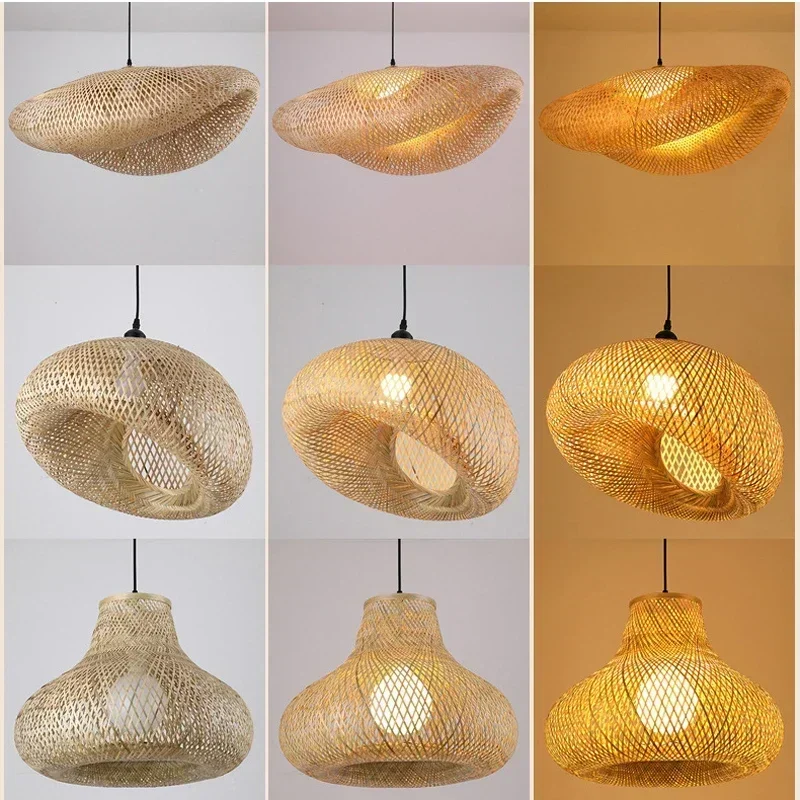 Lampada A Sospensione Bambù Paralume in Vimini Intrecciata Rattan Stile