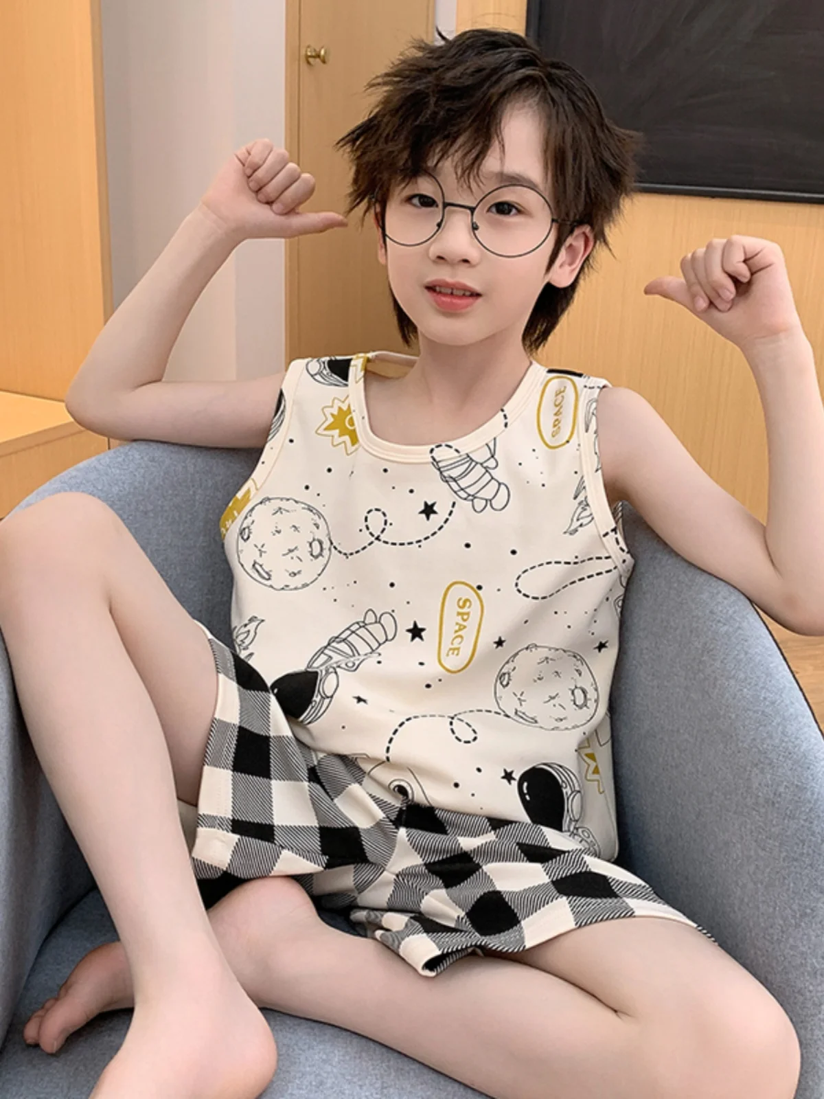 소년 여름 얇은 순수 면 잠옷 세트 홈웨어 조끼 정장 아동 면 의류 십대 소년 잠옷