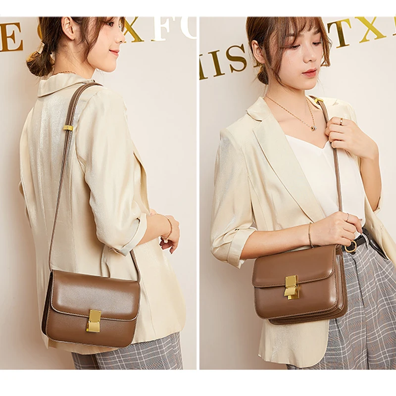 Composite cowhide Women bag bean curd box handbag retro new fashion square purse crossbody shoulder bag 01-GN-ssxfdf
