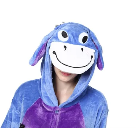 Eeyore Onesies Kigurumi Animal Pajamas Unisex Adults Flannel Hooded Jumpsuits Zipper Sleepwear Anime Party Cosplay