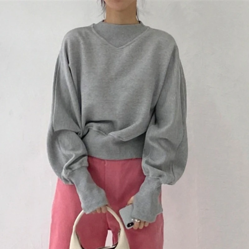 Fashion Waist Cinched Cropped Sweatshirts Women Autumn Harajuku Casual Oversized Pullover Lady Gray Long Sleeve Crewneck Hoodies