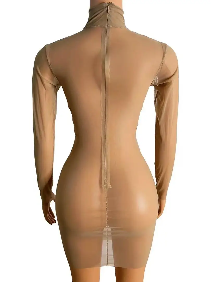 Sexy Stage Base Bodysuit Rompers Womens Nude Jumpsuit Female Outfits Brown Skin Color Mesh Bodycon short Skirt Leggings