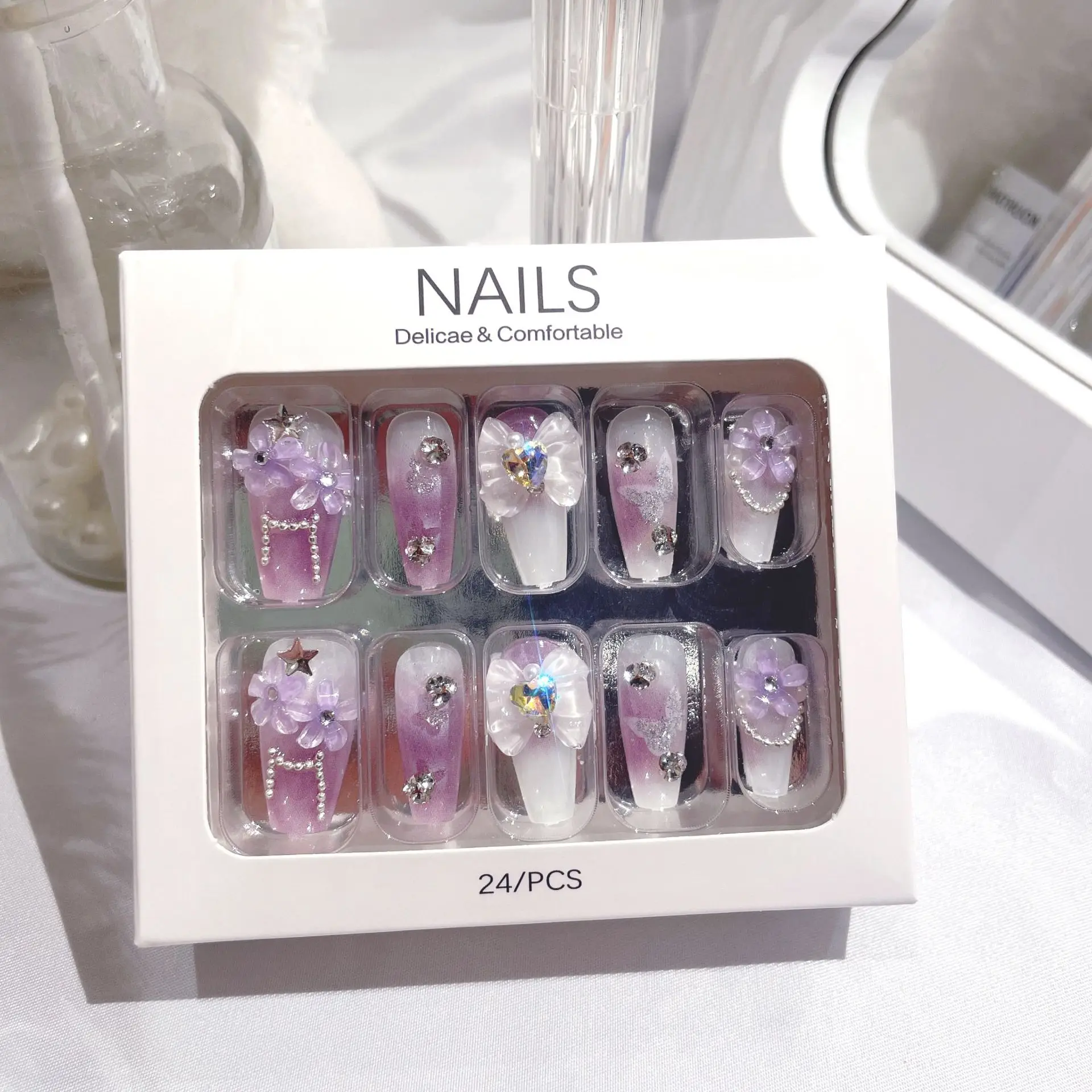 Duftender Taro Lila Falsche Nägel 3D Blume Diamant Press On Nail Tips Herz Zirkon Design Harmlose Glatte DIY Fake Nails – Detail 20