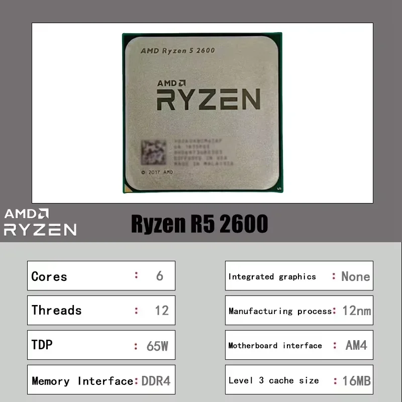 AMD Ryzen 5 2600 6코어 12스레드 게이밍 데스크탑 CPU 3.4GHz 16MB L3 캐시 고성능 프로세서 (게이밍 PC용 AM4 소켓)