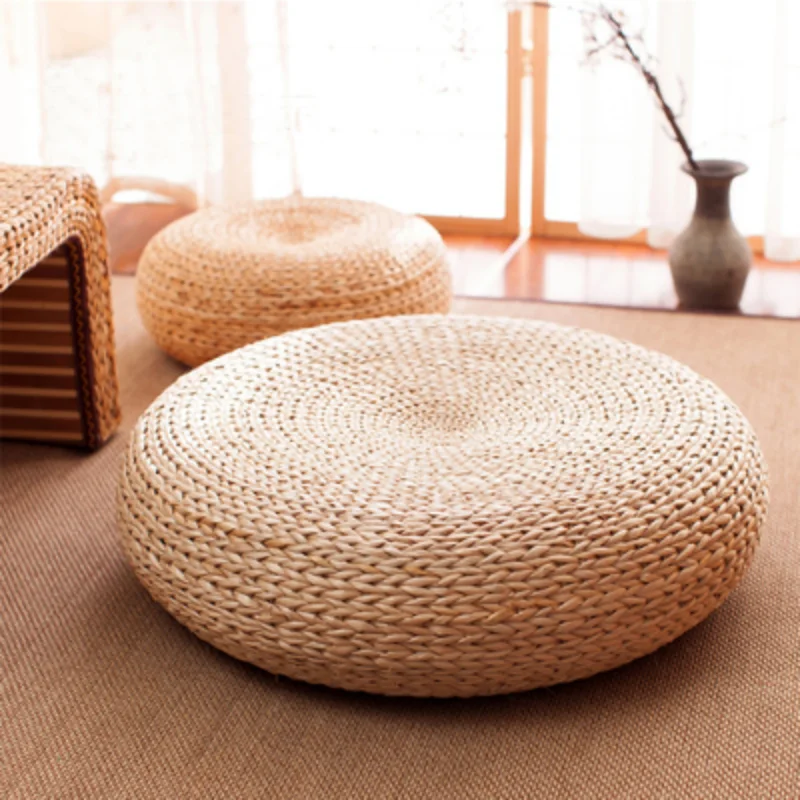 Japanese Style Futon Round Stool Straw Steel Cytoskeleton Handmade