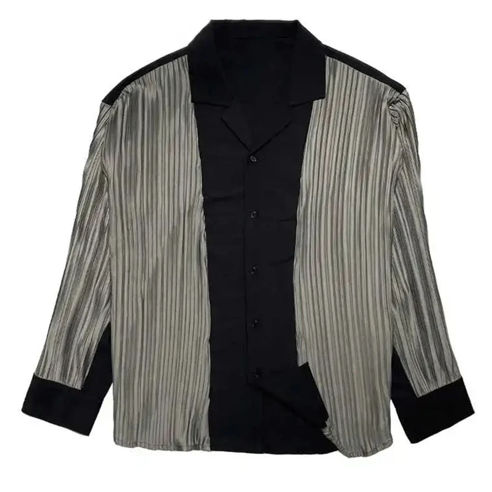 Light And Mature Niche Pleated Comfortable Long-Sleeved Shirt 2024 Summer Mens High-End Contrasting Retro Loose V-Neck Shirt