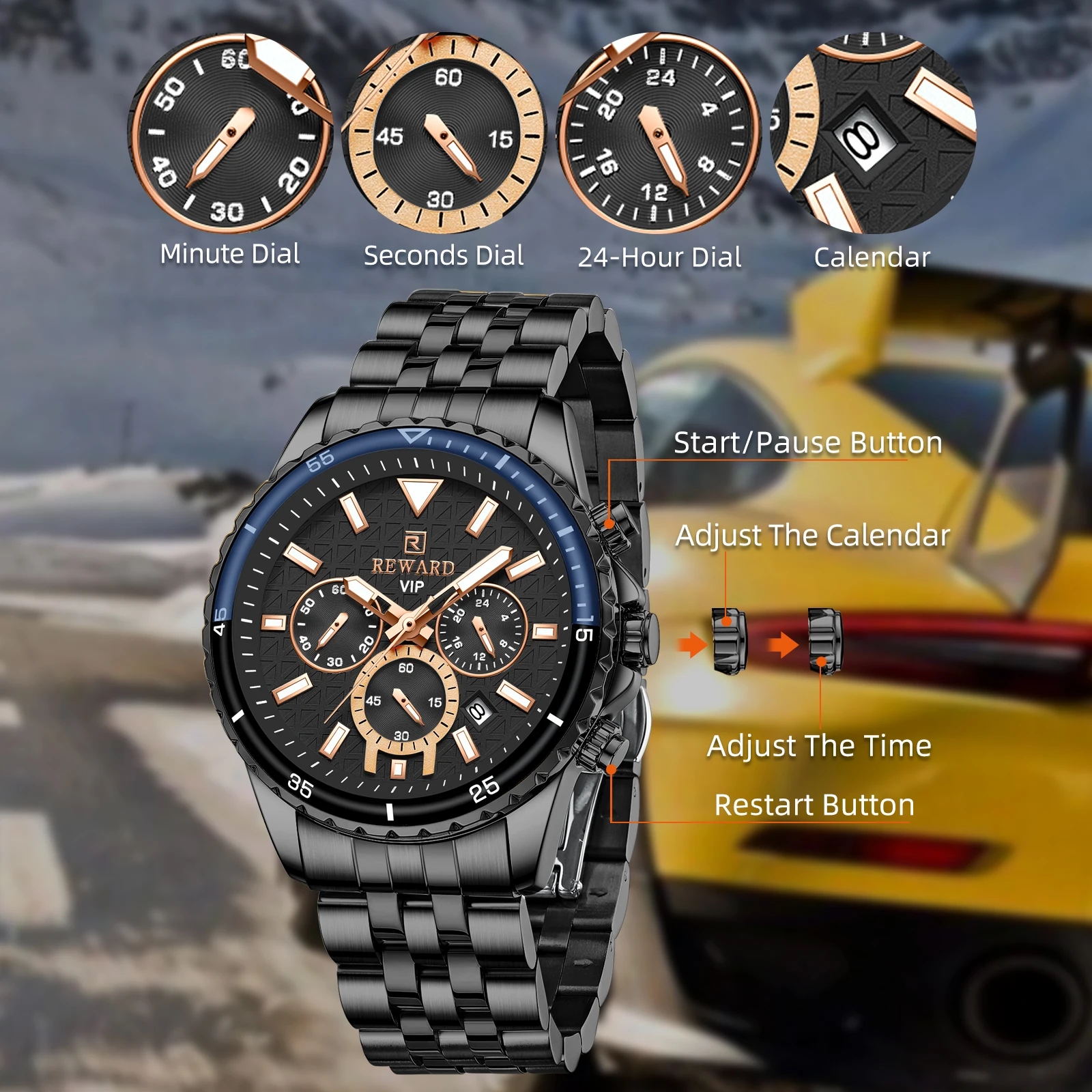 REWARD Mens Watches Luxury Wristwatch Chronograph Luminous Stainless Wrist Watch for Man