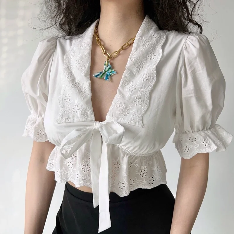 HOUZHOU Ruffle White Shirt Women Crop 