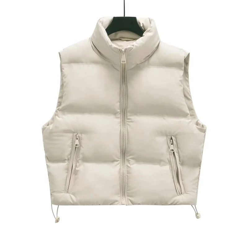 

TRAF Woman Warm Cropped Quilted Vest Autumn Casual High Collar Sleeveless Outwear Female Streetwear Side Elastics Adjust Hem Top