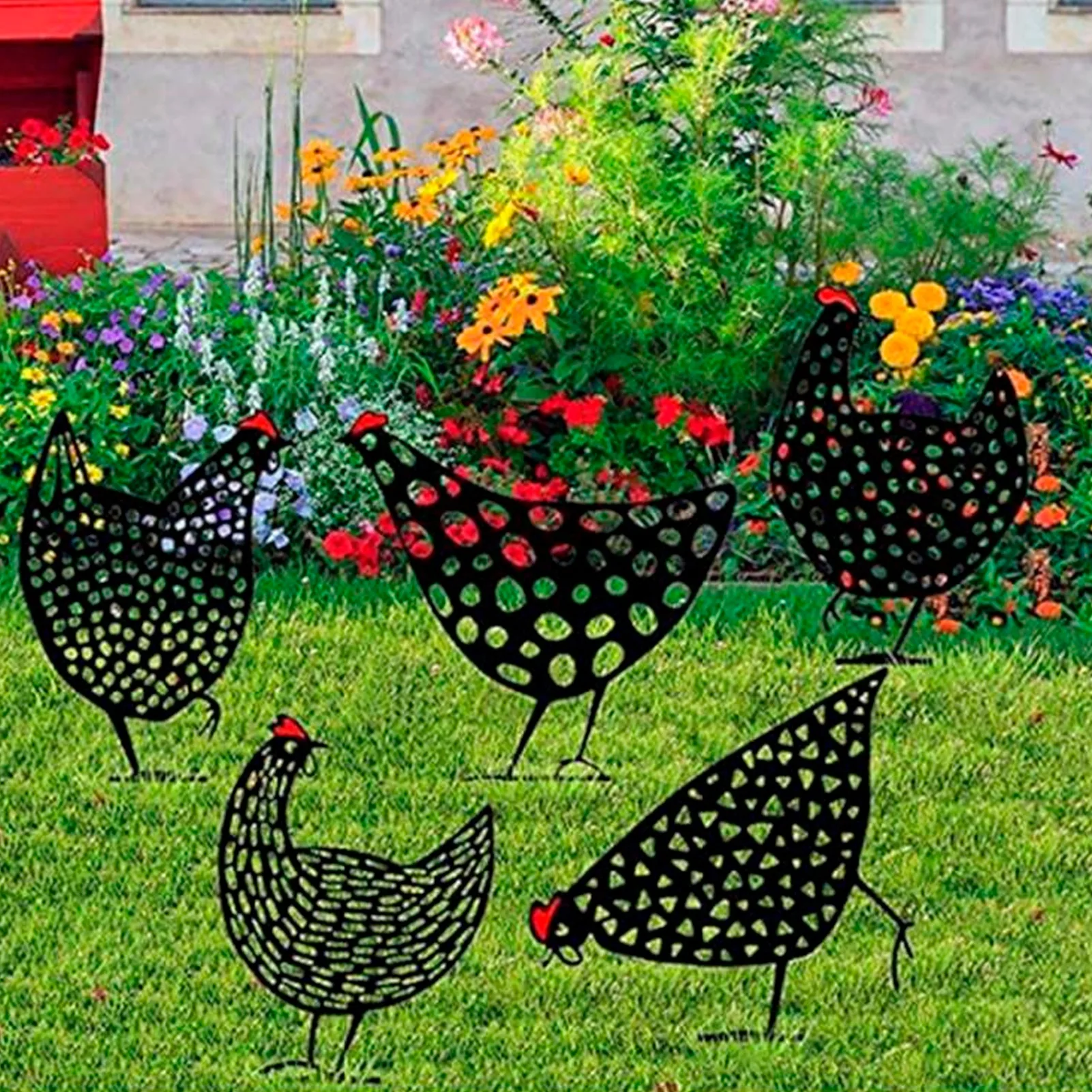 Black chicken stakes set acrylic animal shape statues decoration 5Pcs for outdoor garden yard garden art decor animal sculpture decorations