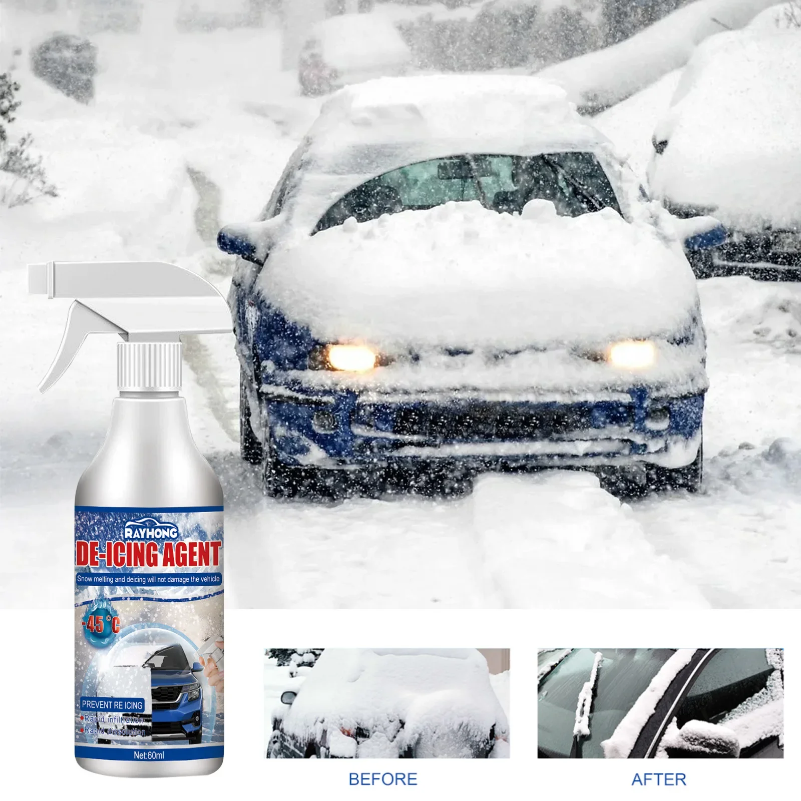 

60ML Ice Remover Spray Winter Car Windshield Deicer Snow Removal Spray Defrosting Snow Spray Anti-Icing Kit Frost Protection