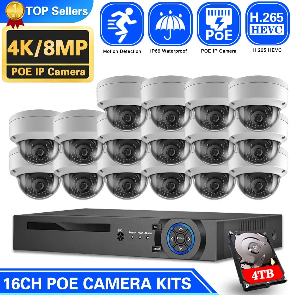 

4K 16 Channel CCTV Video Surveillance Kit 8MP 8CH POE NVR Kit Outdoor Waterproof POE IP Dome Security Camera System Set 16CH P2P
