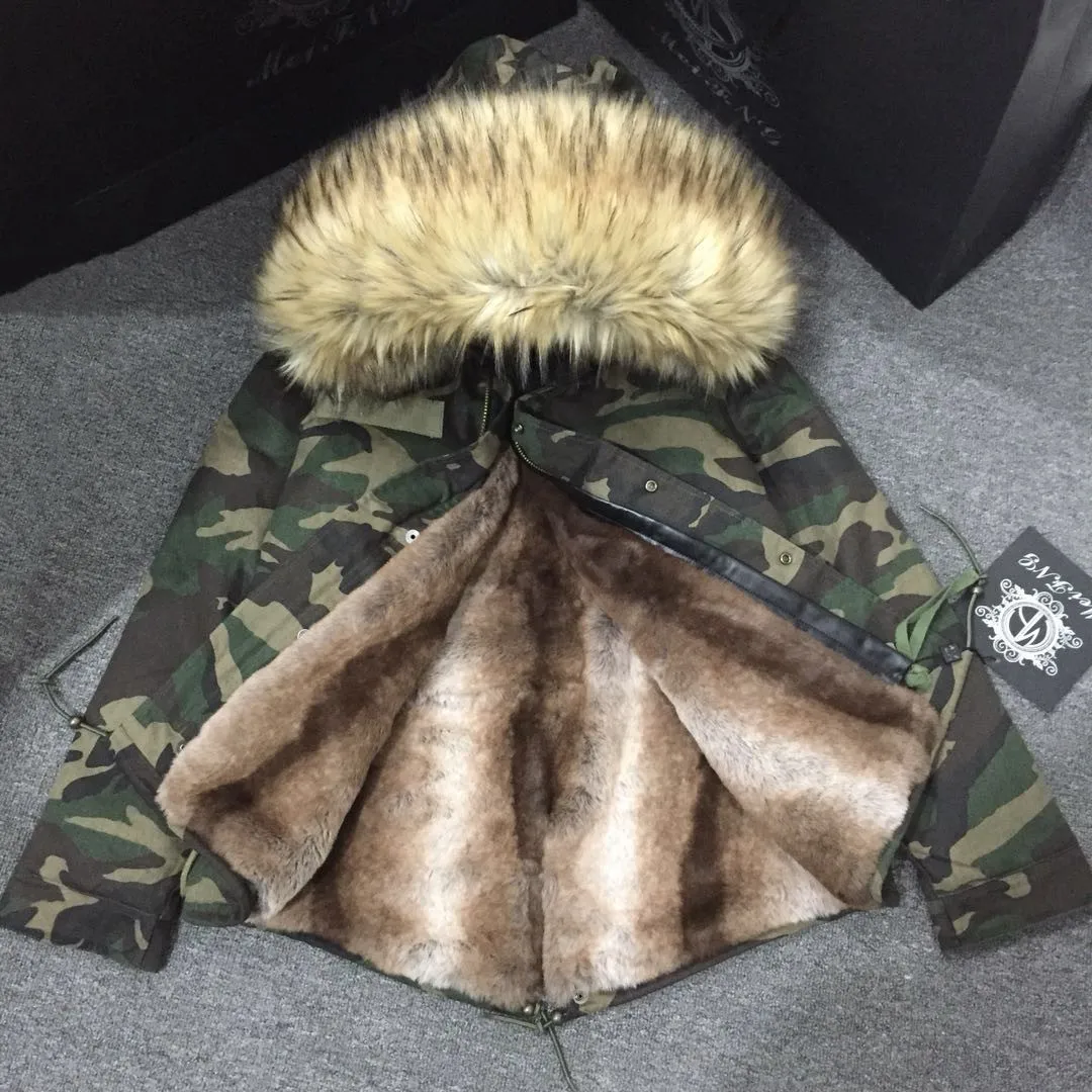 

Natural Color Faux Rex Rabbit Fur Lined Parka Winter Short Camouflage Jacket Plus Size Coat For Men