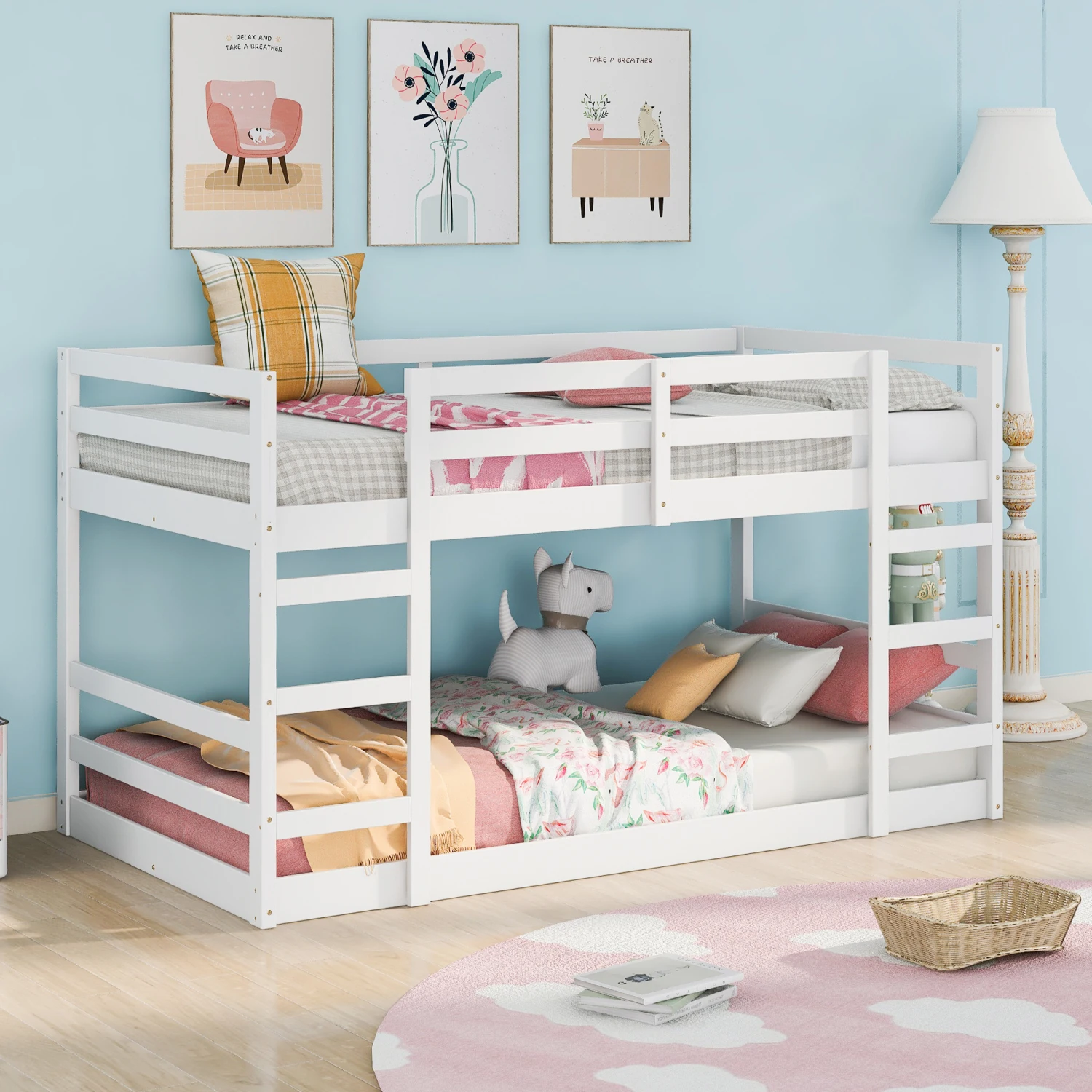 

Modern White Twin Over Twin Bunk Bed with Sturdy Ladder for Kids' Bedroom Furniture, Space-Saving Design, Durable Construction,