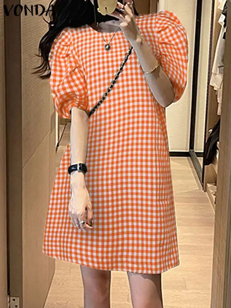 

Women Summer Dress 2023 VONDA Fashion Puff Sleeve Plaid Printed Sundress Fashion Holiday Beach Vestidos Loose Robe Femme