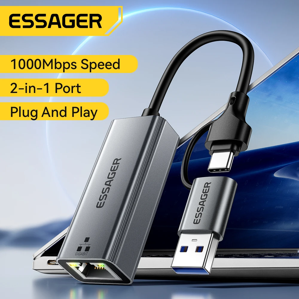 Essager 2-in-1 Ethernet Adapter USB-A/Type-C to RJ45 Network Card 1000Mbps Ethernet Gigabit Adapter Lan Card for MacBook Laptop