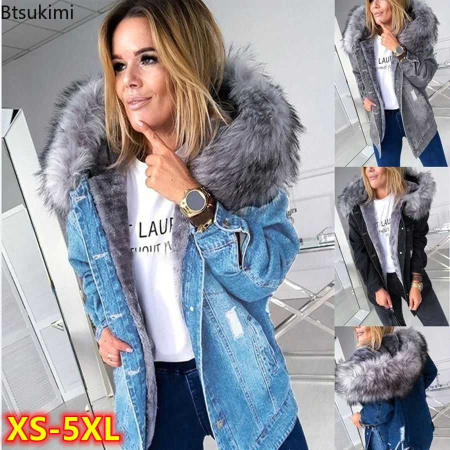 

2024 Women's Autumn Winter Warm Fluffy Collar Hooded Denim Jacket Coat Thick Plush Lined Long Sleeve Jeans Coat Female Outwear