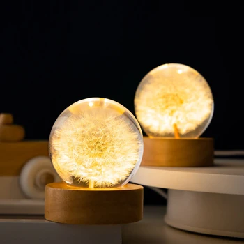 3D Round Ball Night Lamp Flower Crystal Ball Night Light with Wooden Base Office Home Decor Valentine's Day Gift for Men Women 4