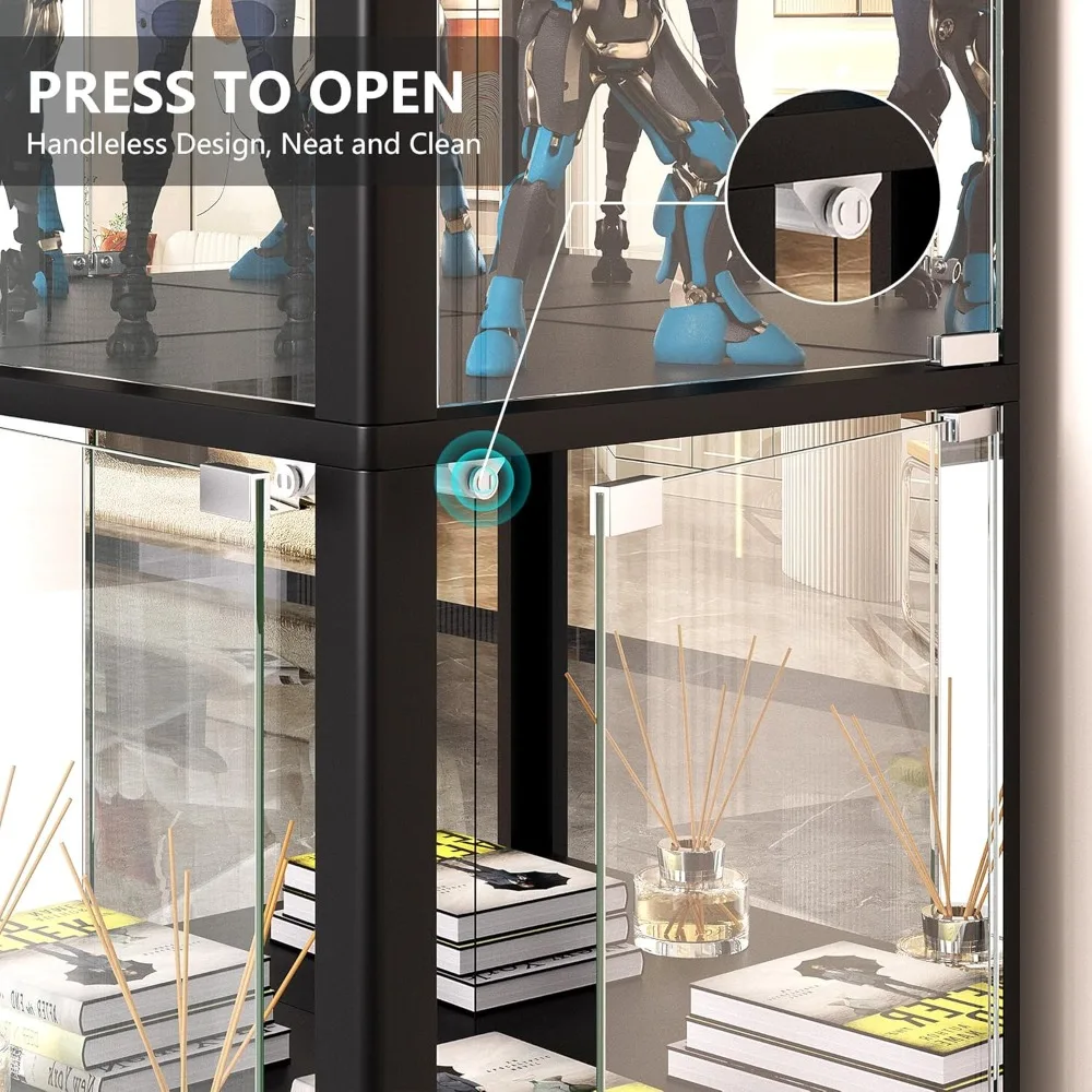 display cabinet with glass doors, 68" corner curio cabinets with led lights, 4-tier glass display case for collectibles/toys/boo