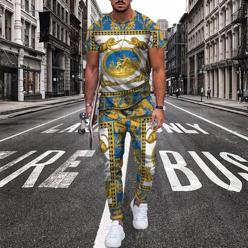 

Summer T-Shirt Trousers Pants Set Casual Brand Fitness Jogger Pants Hot-Selling T Shirts Fashicon Suit Men's Tracksuit Outfir