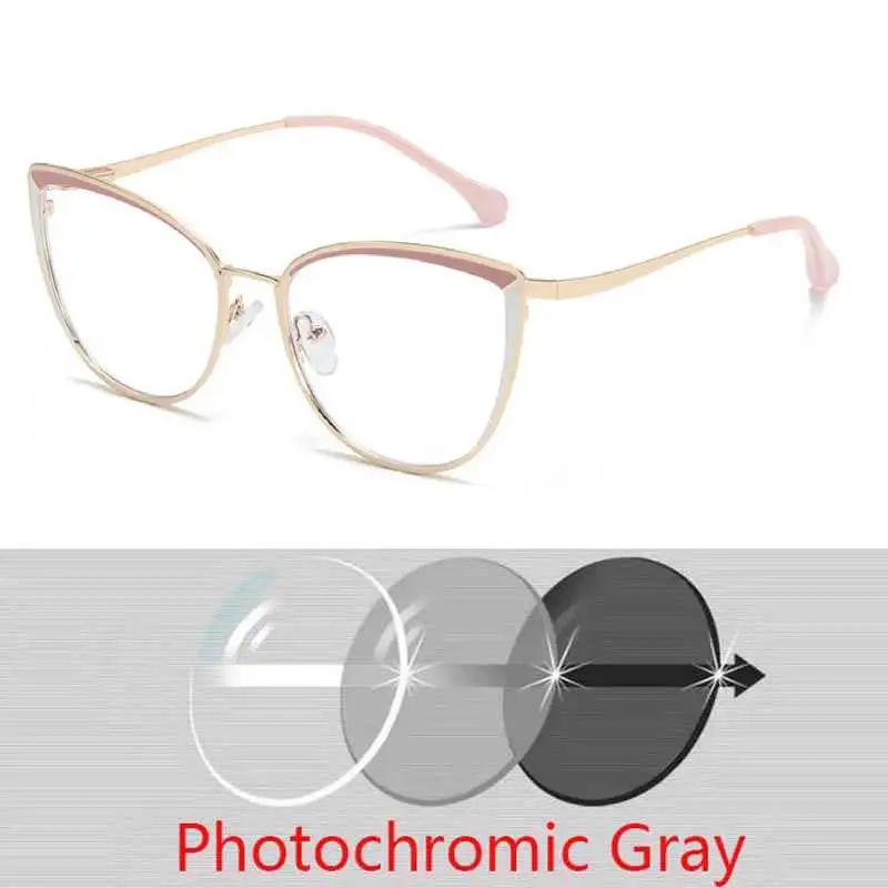 Anti-blue Light Cat Eye Prescription Spectacle Women Myopia Lens Photochromic Glasses Diopter 0 -0.5 -0.75 -1.0 -2.0 To -6.0 6
