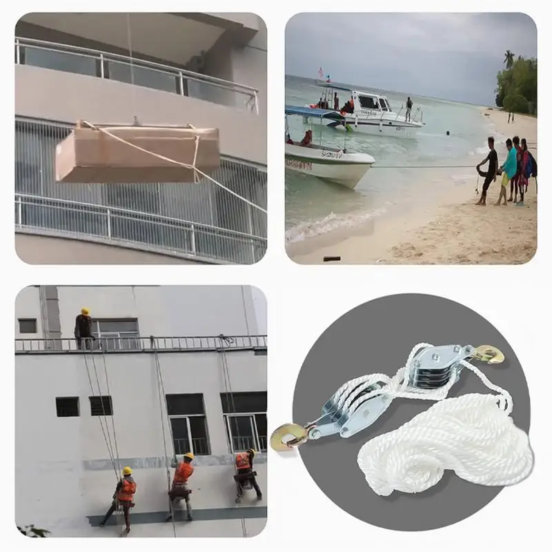Rope Hoist Pulley System 5:1 Lifting Power 3/8 Rope Pulley Hoist 2200 Lbs Breaking Strength Heavy Duty Pulley System Rope Pulley 2