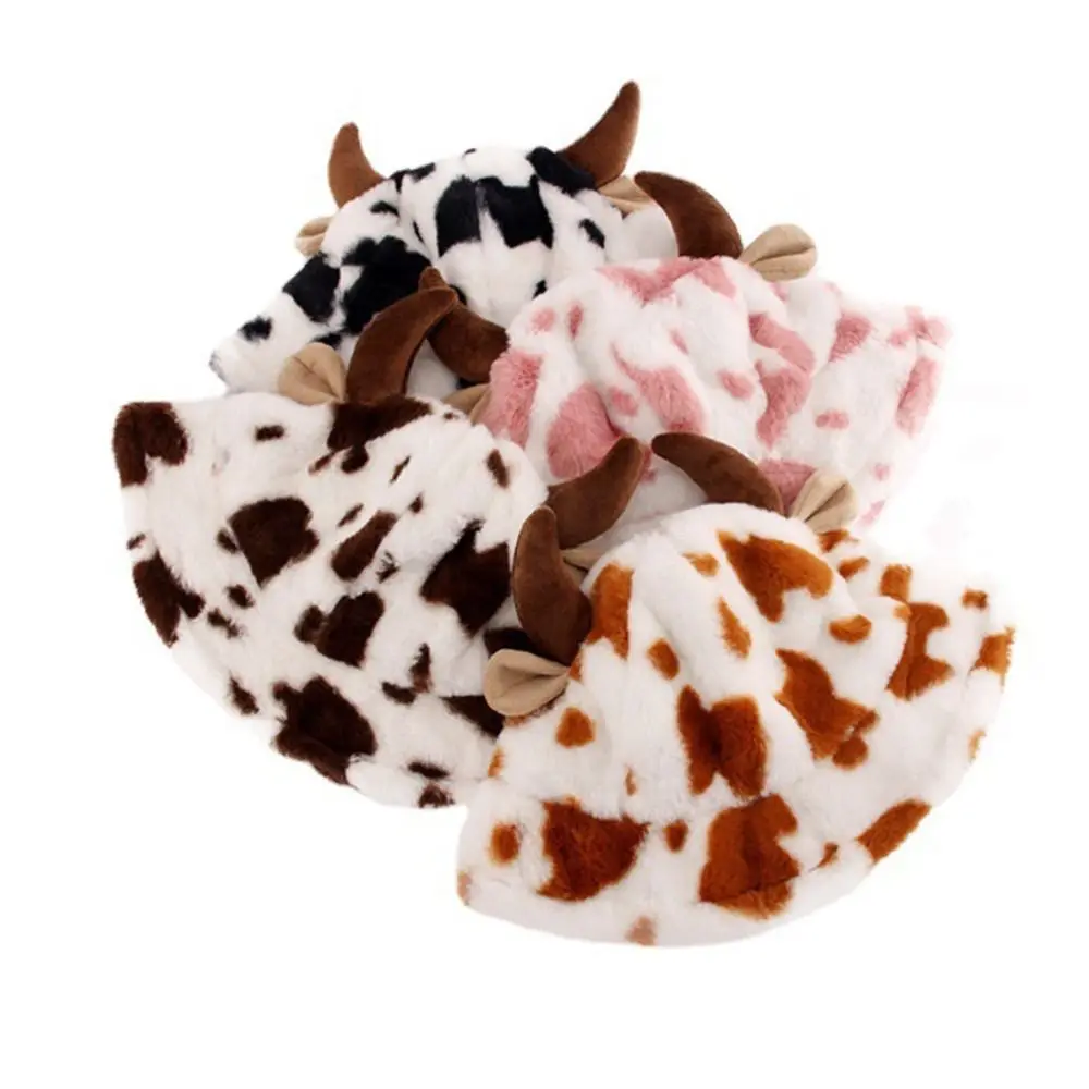 

Cow Pattern Bucket Hat New Windproof Thick Warm Beanies Cow Horn Plush Fisherman Hat Autumn Winter