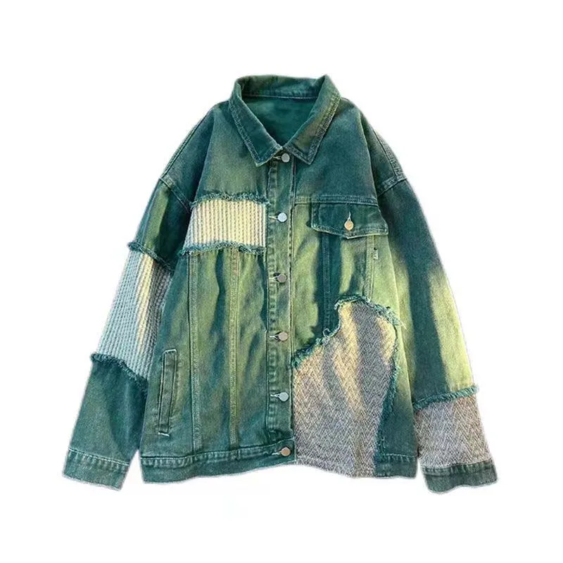 

2023 Vintage Green Paneled Denim Jackets For Men And Women In The Fall New Ins Loose Student Versatile Jacket Top Tide