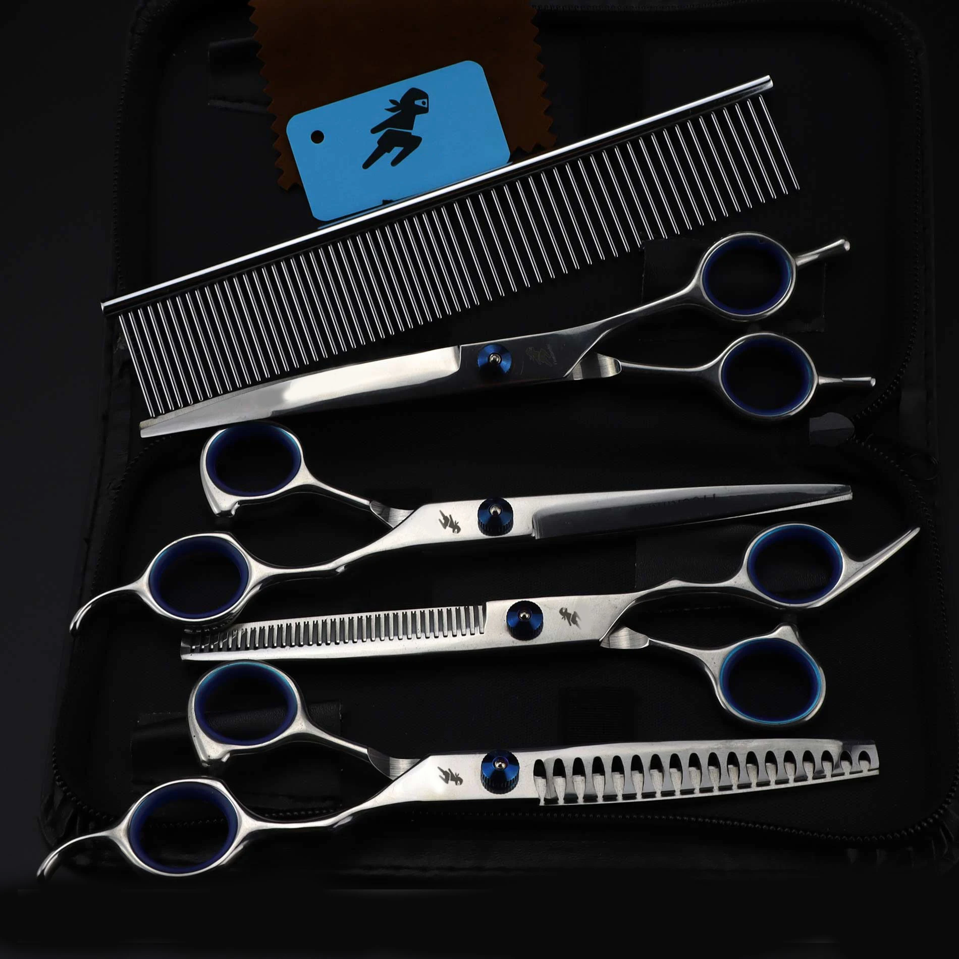 7.0inch blue pet grooming scissors set straight cut teeth cut fish bone scissors
