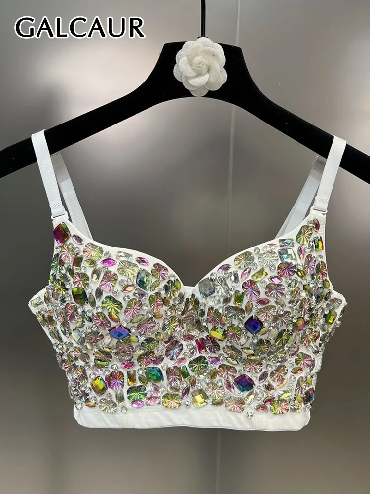 

GALCAUR Patchwork Diamonds Tank Tops For Women Square Collar Sleeveless Hit Color Short Length Sexy Vest Female Summer Clothing