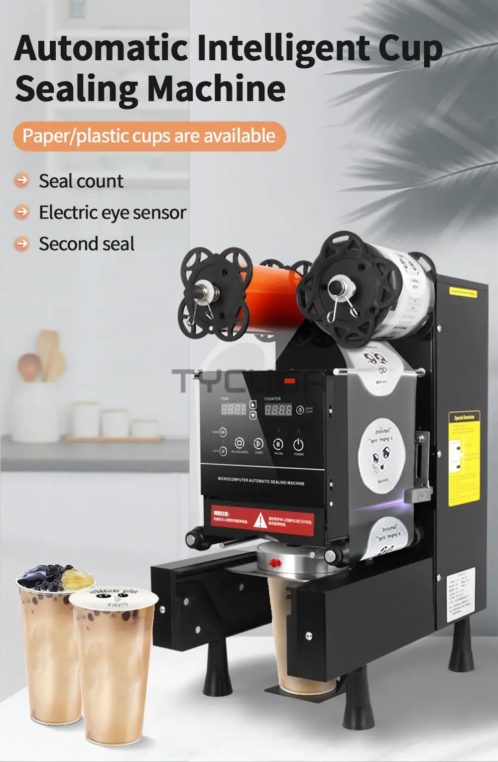 Description Picture 2 of itemFull Automatic Cup Sealer Milk Tea Shop Plastic Paper Cup Sealing Machine for 9/9.5CM Electric Bubble Tea Film For Business 220V