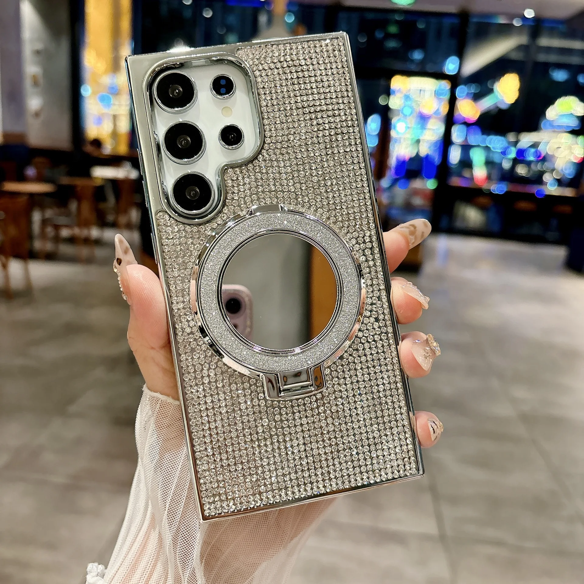 Luxury Diamond Mirror Phone Case with Magnetic Glitter Ring Stand