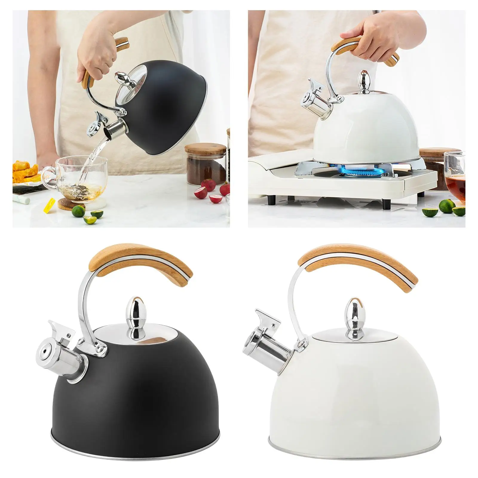 Bouilloire Toutes Cuisinières Bouilloire Acier Inoxydable 3L Avec Sifflet - Poignée Bois Cool Touch Bouilloire 3 Litres Sifflet